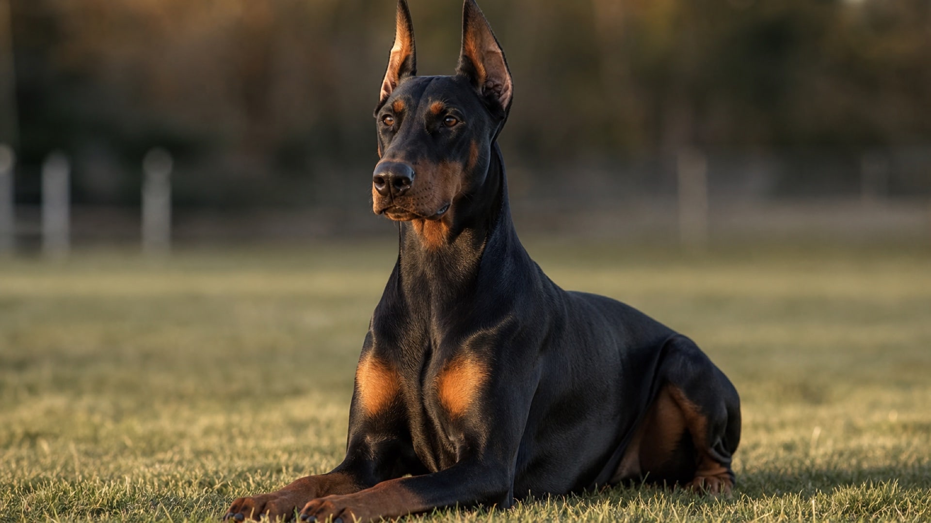 Doberman holding a calm down-stay on the training field during board and train at our Upland facility
