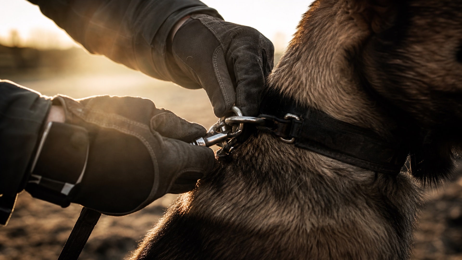 Handler clipping a leash on a ready working dog before a session at our Upland facility