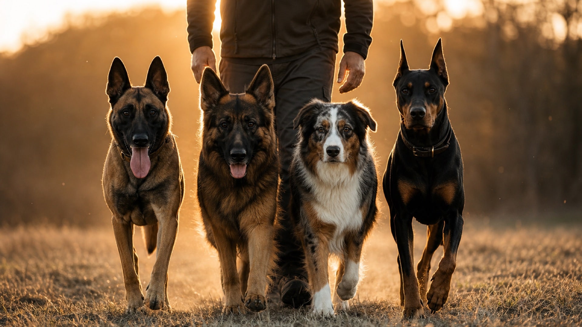 A pack of working dogs walking in heel formation at our Upland facility, backlit against an open field