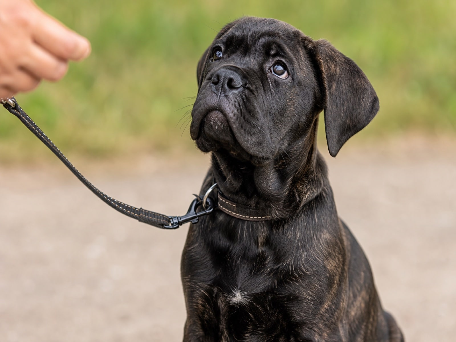 Cane corso puppy in a focused sit-stay during a training session