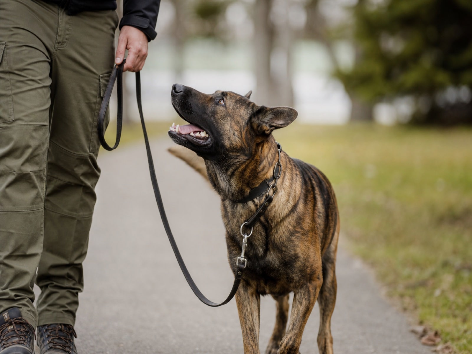 Happy, a working dog, focused with the handler after a 6-week board and train at our Upland facility